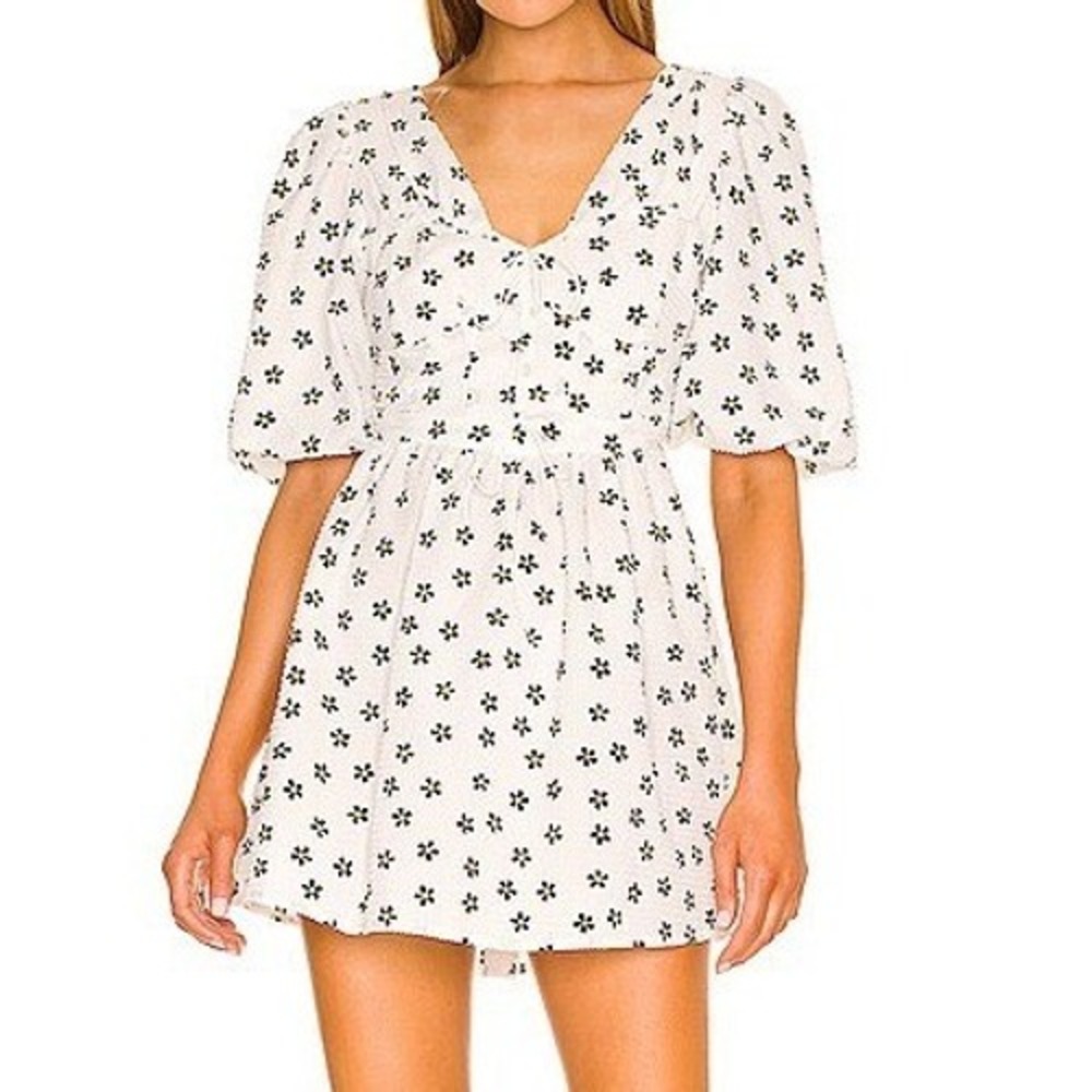 For Love & Lemons Connie Mini Dress Black White Daisy Puff‎ Sleeve Textured S